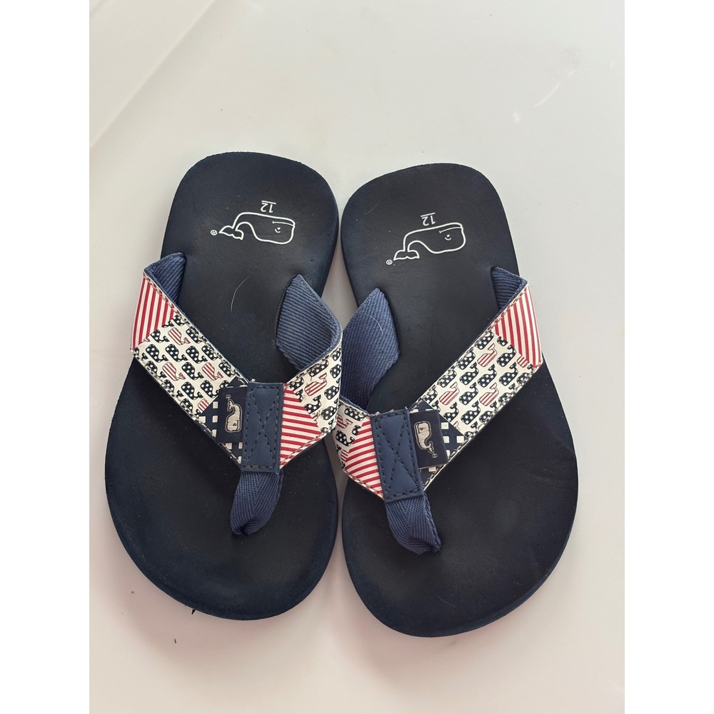 Vineyard Vines Boys Navy Blue Patriotic Flag Whale Flip Flop Sandals Size 12 - Picture 2 of 5